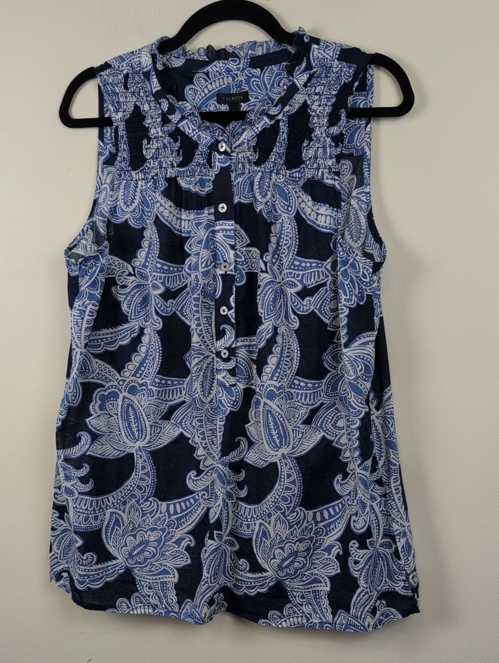 Talbots Navy and White Paisley Cotton Sleeveless Blouse Size L